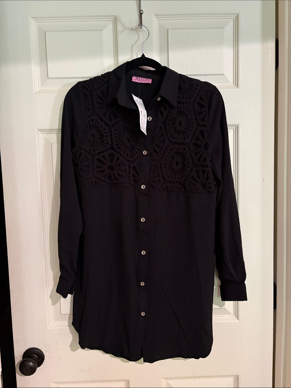 Black Crochet-Yoke Button-Front Blouse